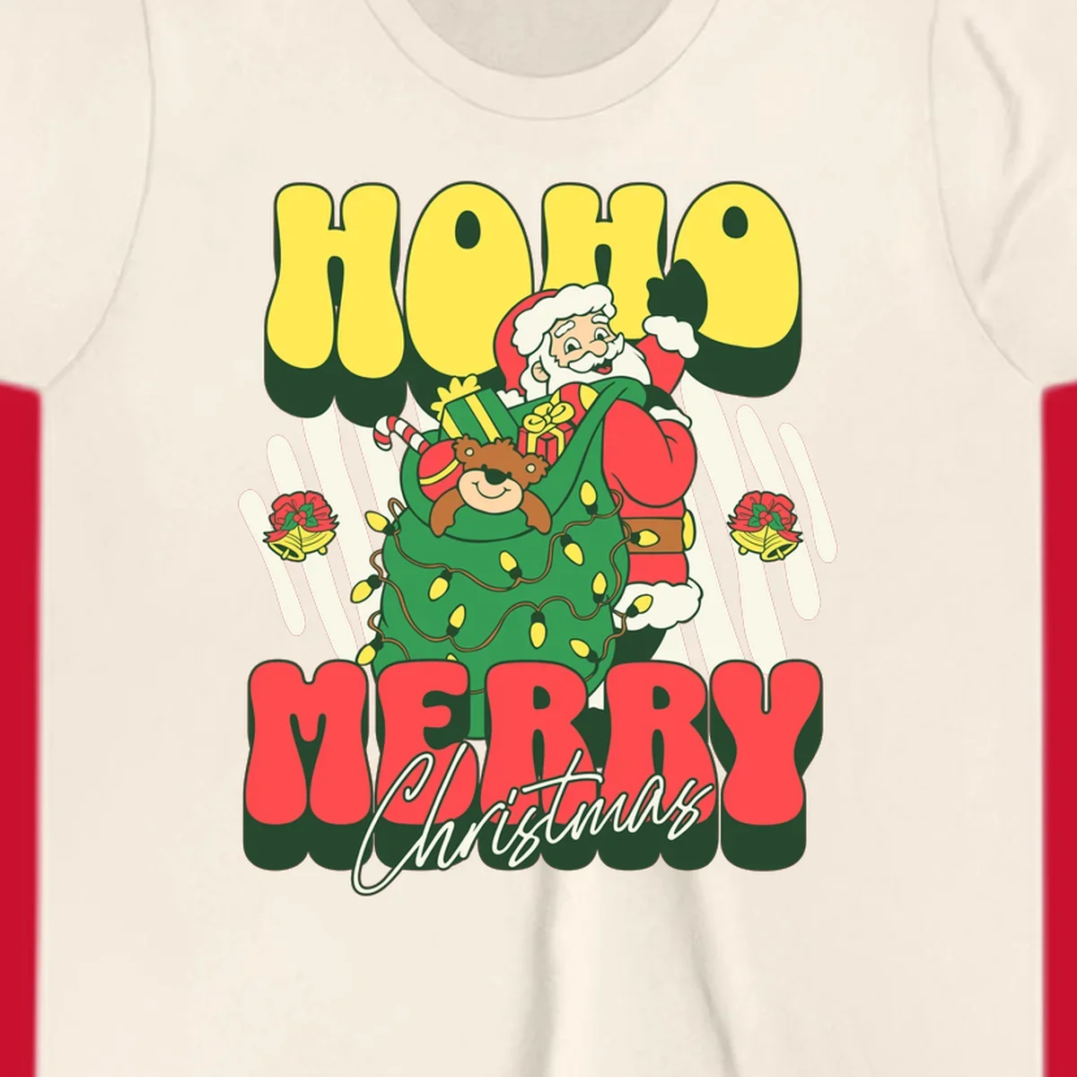 Ho ho christmas santa claus illustration with text, gifts, and lights.