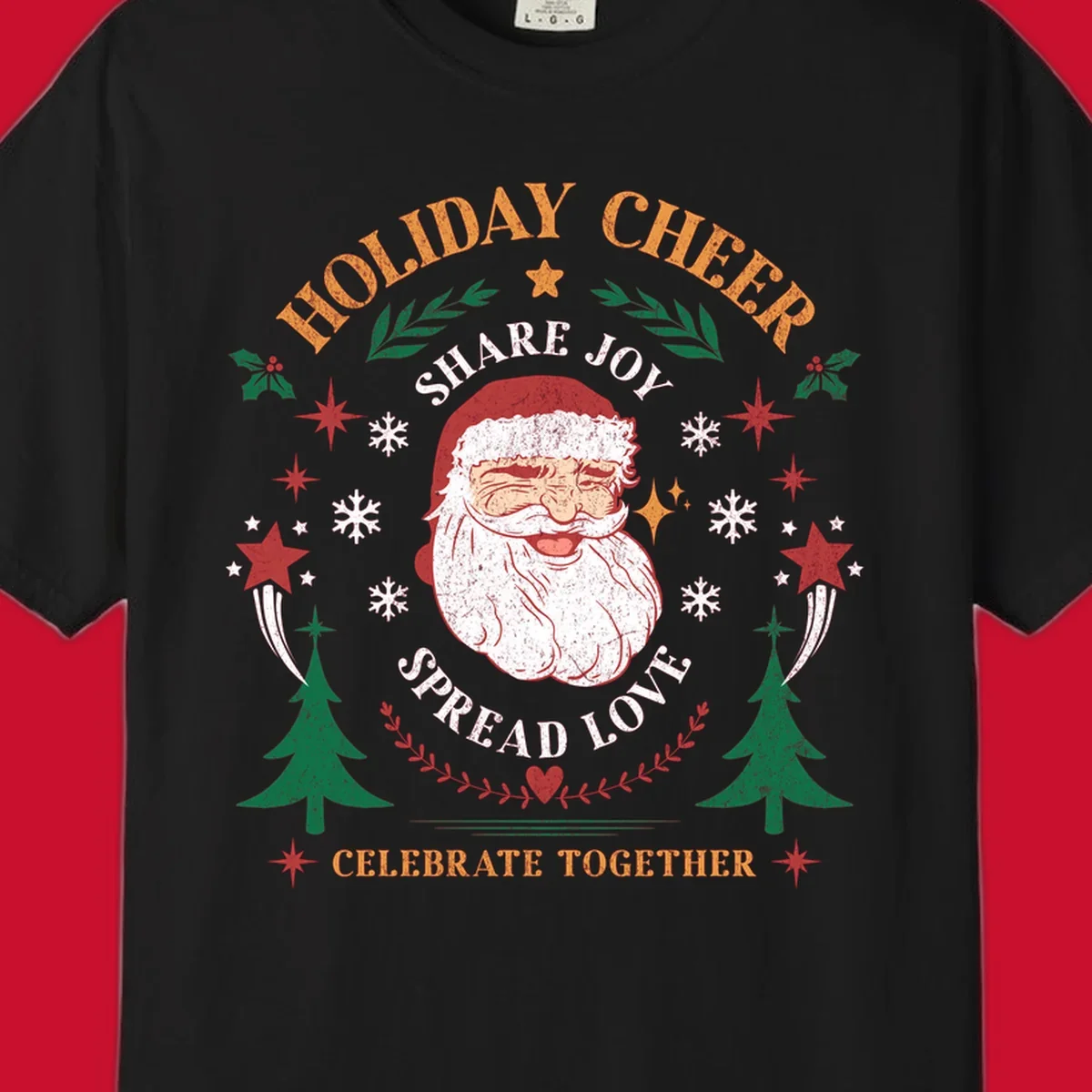 Santa Claus holiday cheer graphic with festive elements and text, for Christmas shirts.