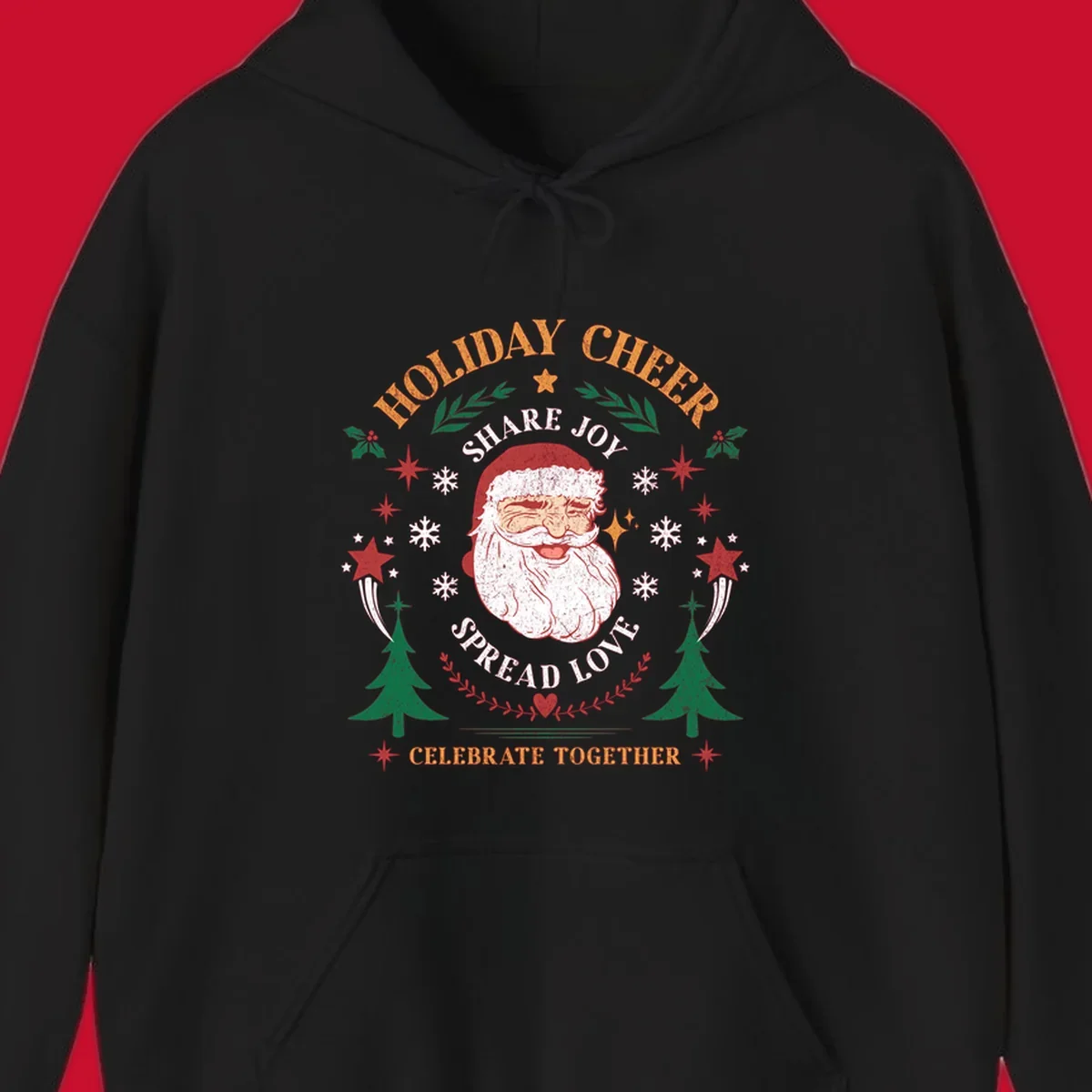 Santa Claus holiday cheer graphic with festive elements and text, for Christmas shirts.