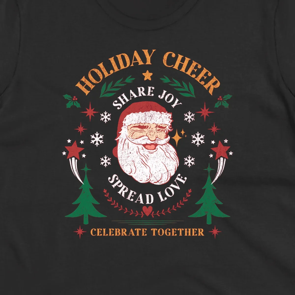 Santa Claus holiday cheer graphic with festive elements and text, for Christmas shirts.