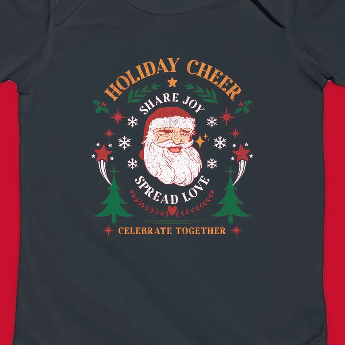 Santa Claus holiday cheer graphic with festive elements and text, for Christmas shirts.