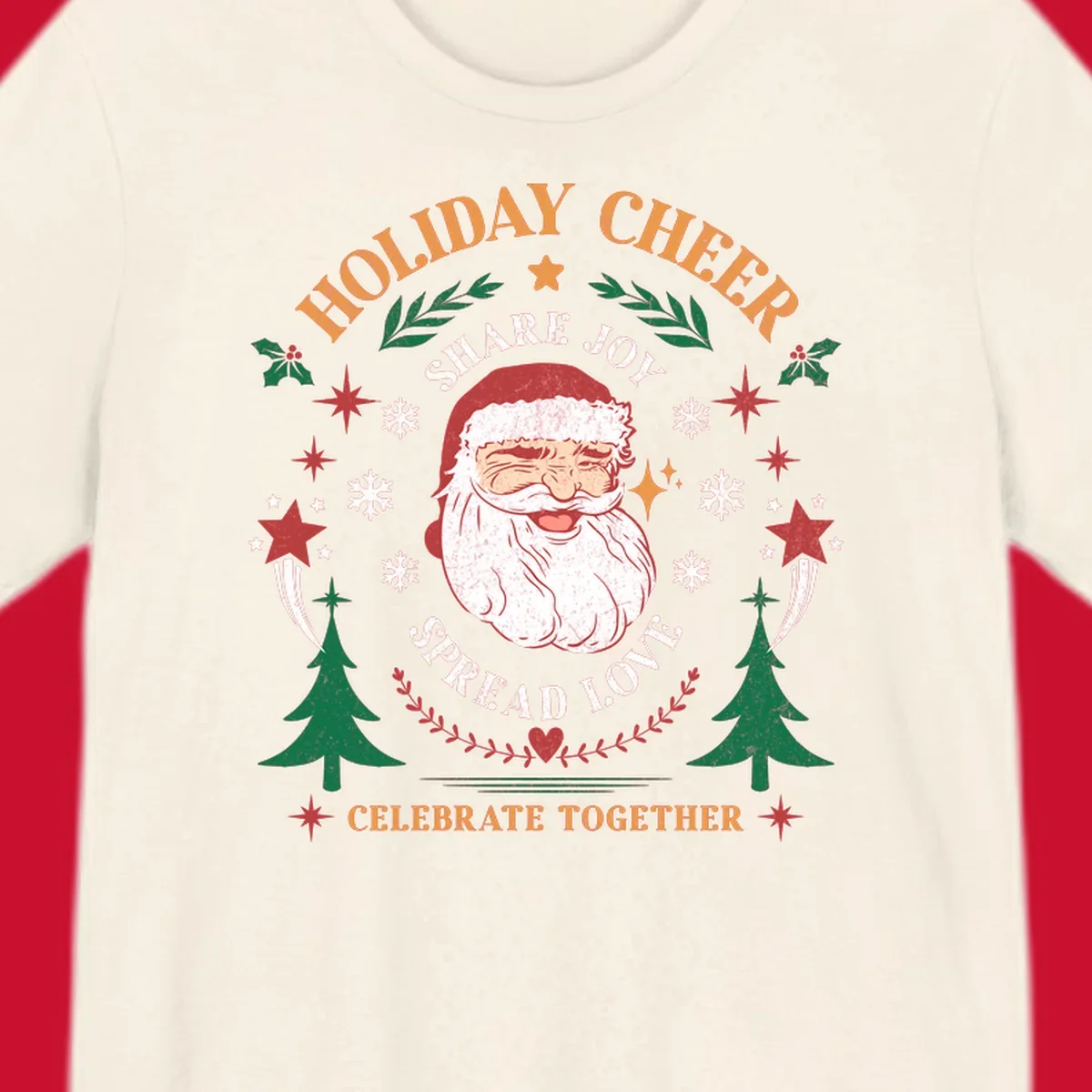 Santa Claus holiday cheer graphic with festive elements and text, for Christmas shirts.