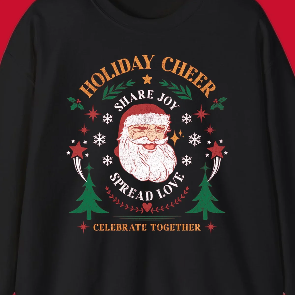Santa Claus holiday cheer graphic with festive elements and text, for Christmas shirts.