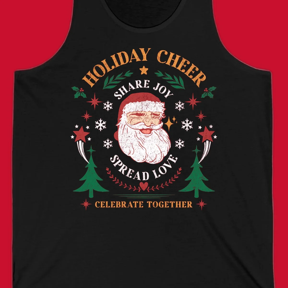 Santa Claus holiday cheer graphic with festive elements and text, for Christmas shirts.