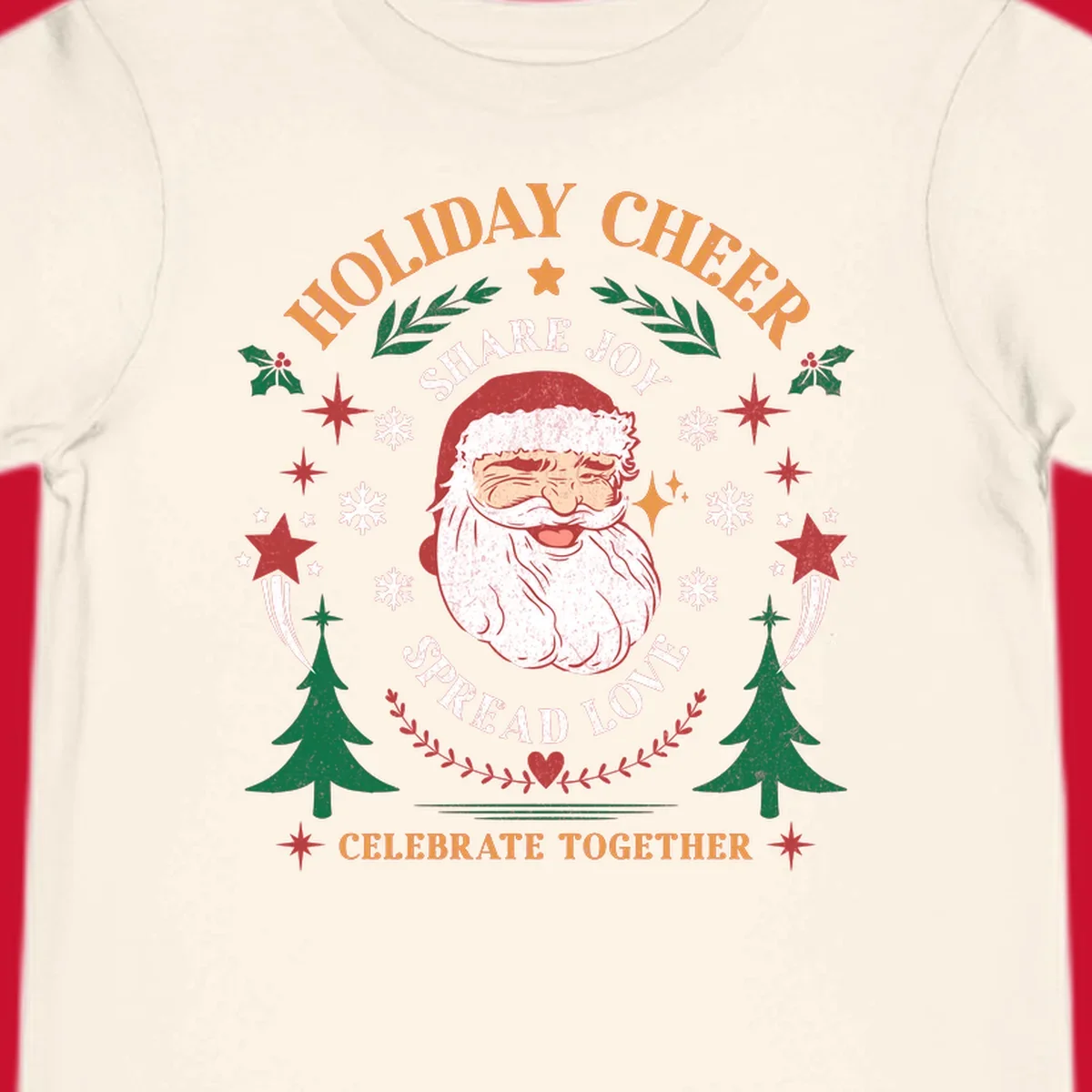 Santa Claus holiday cheer graphic with festive elements and text, for Christmas shirts.