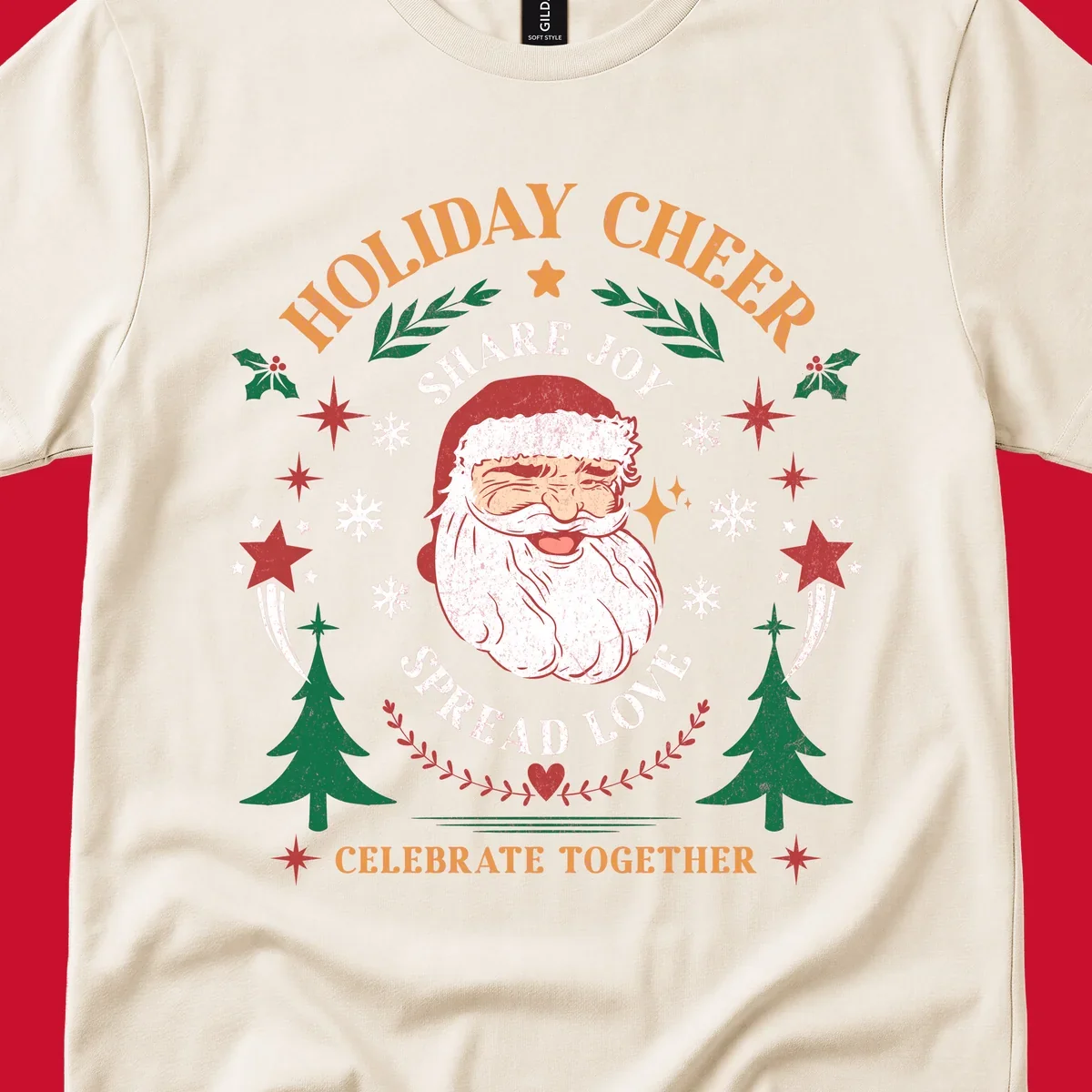 Santa Claus holiday cheer graphic with festive elements and text, for Christmas shirts.