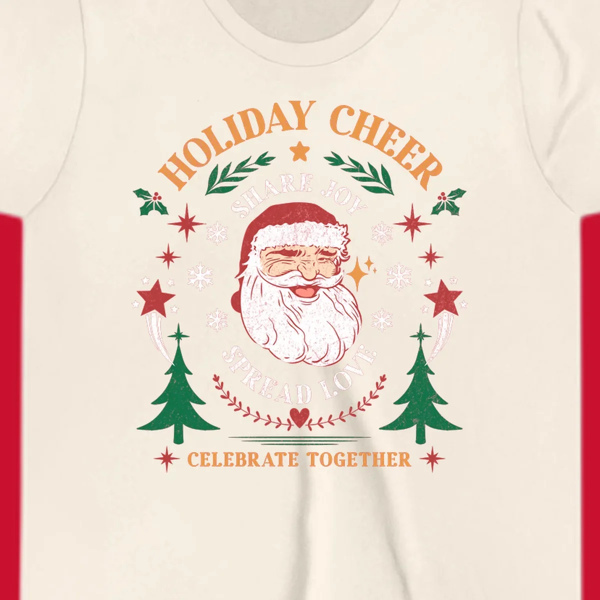 Santa Claus holiday cheer graphic with festive elements and text, for Christmas shirts.