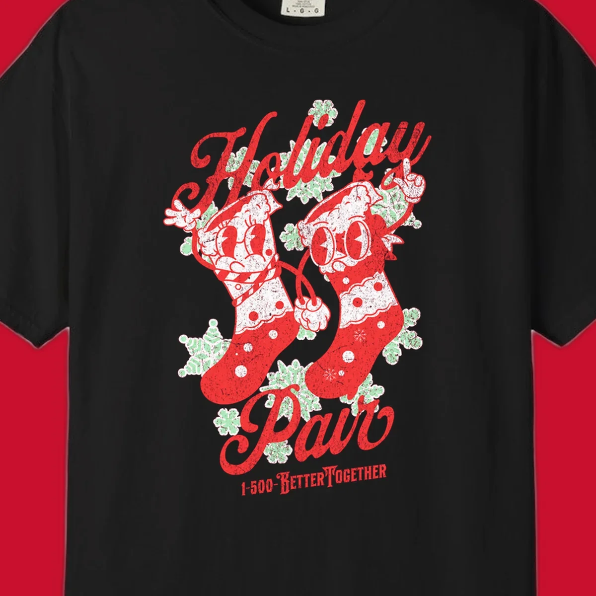 Holiday pair Christmas stockings illustration with snowflakes and text