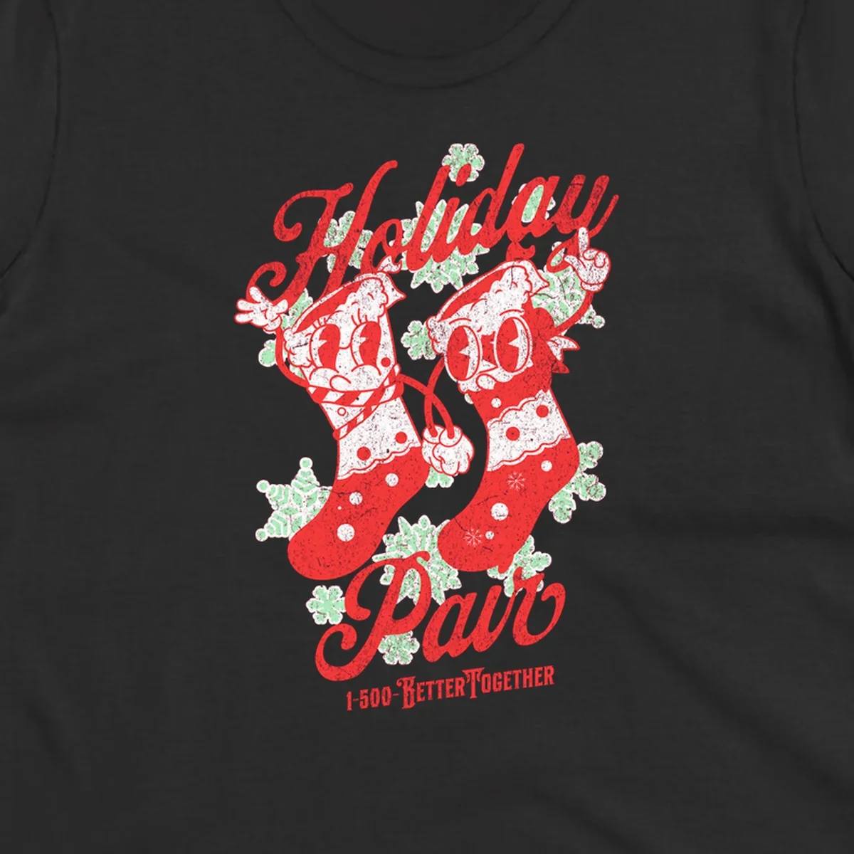Holiday pair Christmas stockings illustration with snowflakes and text