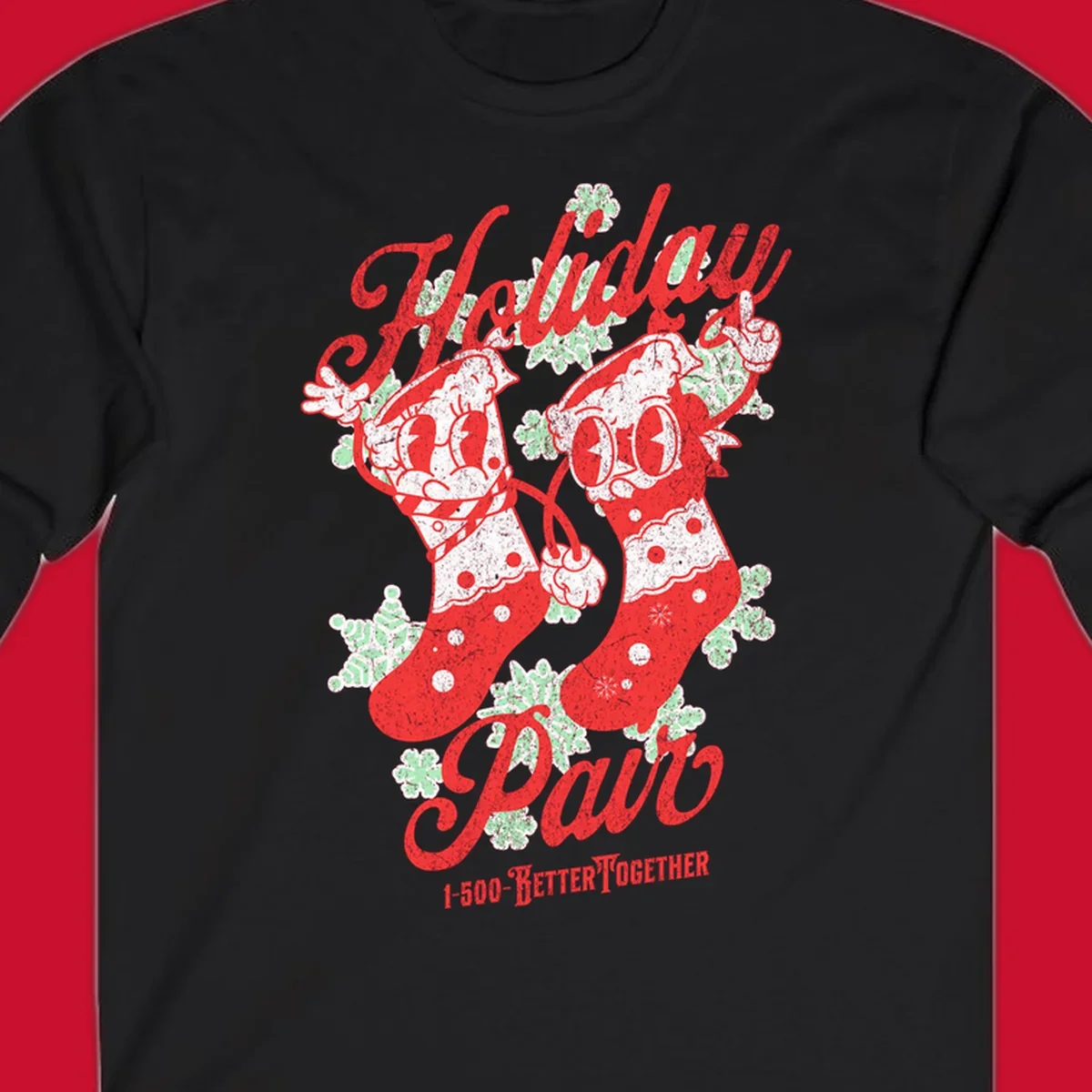 Holiday pair Christmas stockings illustration with snowflakes and text