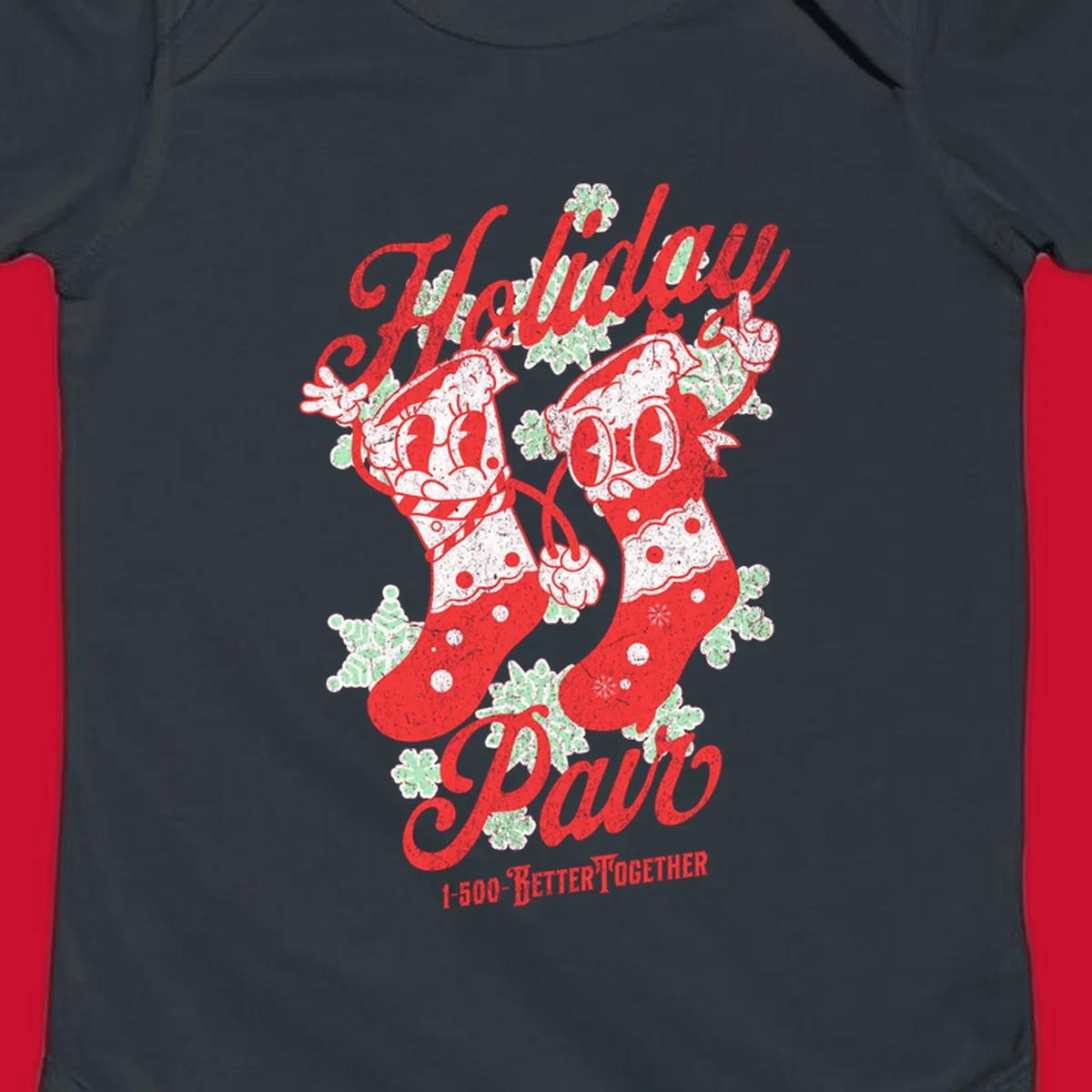 Holiday pair Christmas stockings illustration with snowflakes and text
