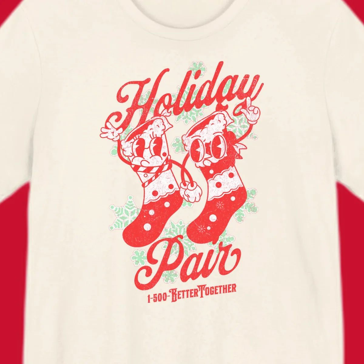 Holiday pair Christmas stockings illustration with snowflakes and text