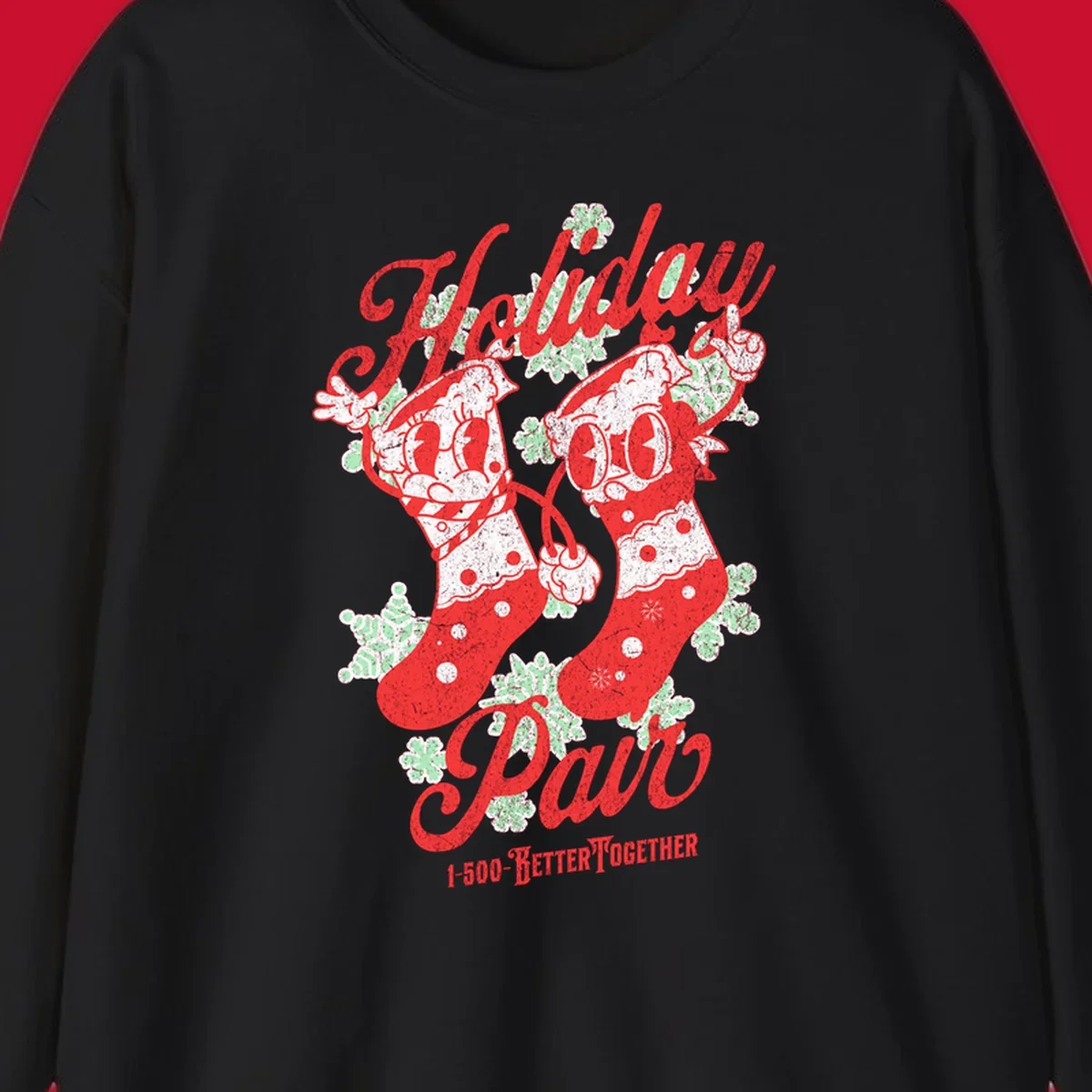 Holiday pair Christmas stockings illustration with snowflakes and text