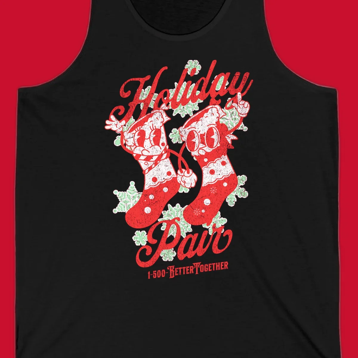 Holiday pair Christmas stockings illustration with snowflakes and text