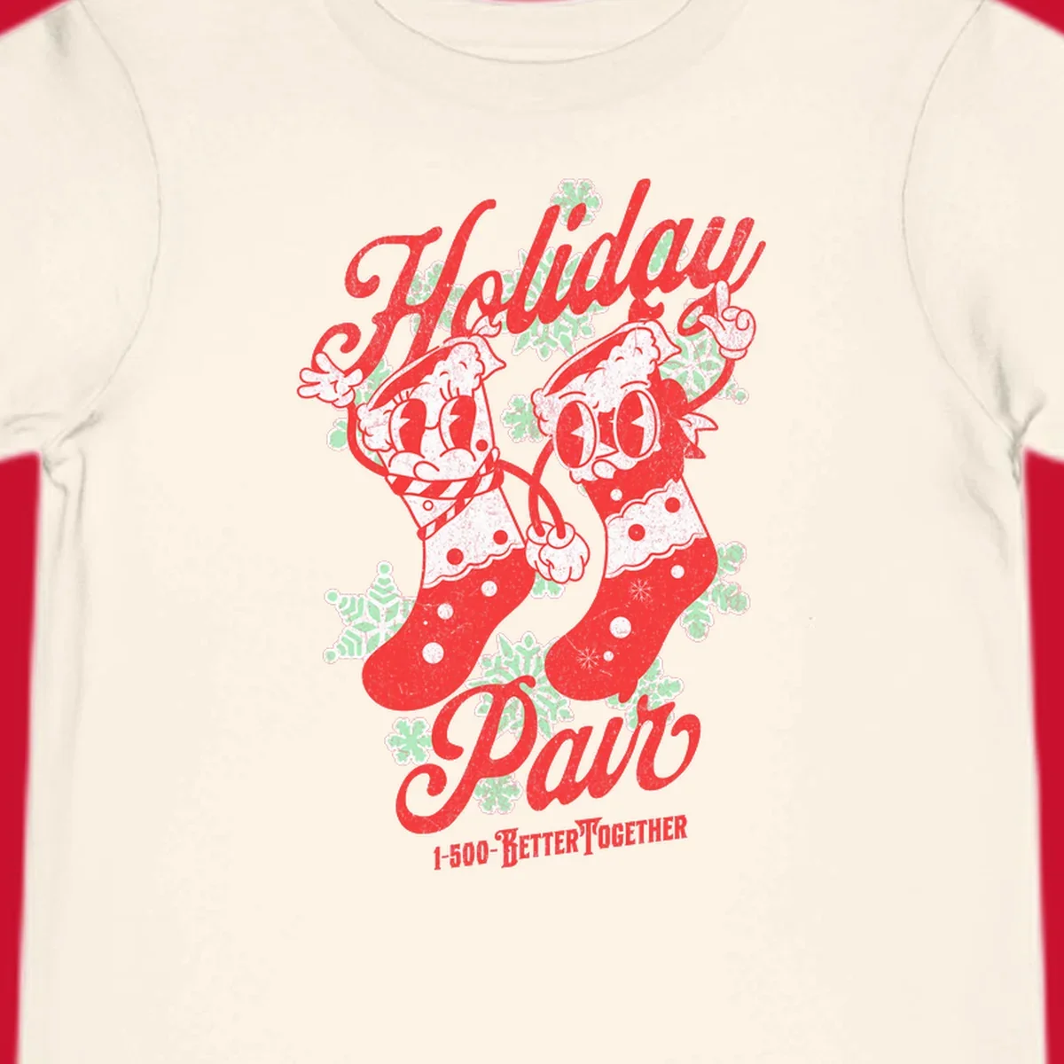 Holiday pair Christmas stockings illustration with snowflakes and text