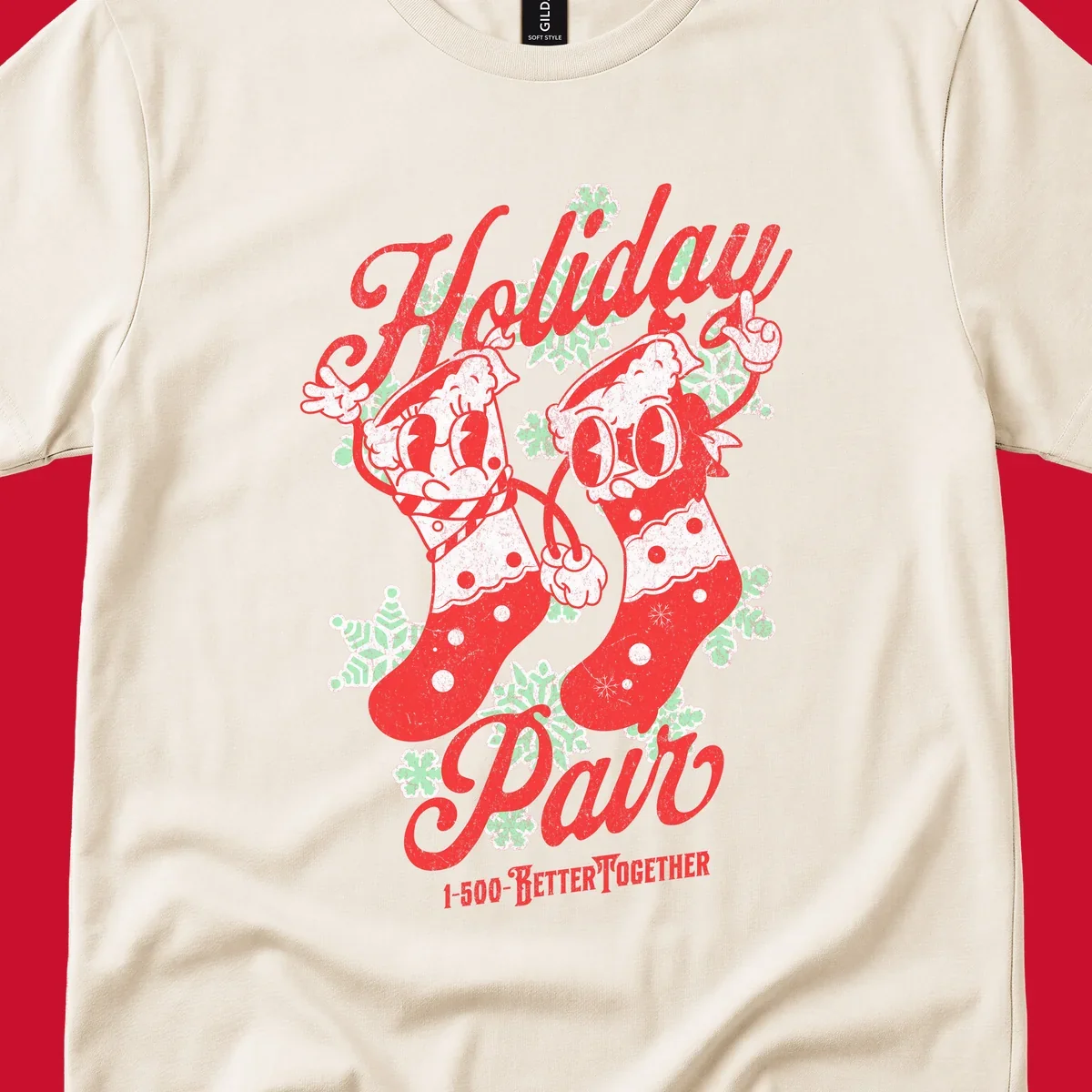 Holiday pair Christmas stockings illustration with snowflakes and text
