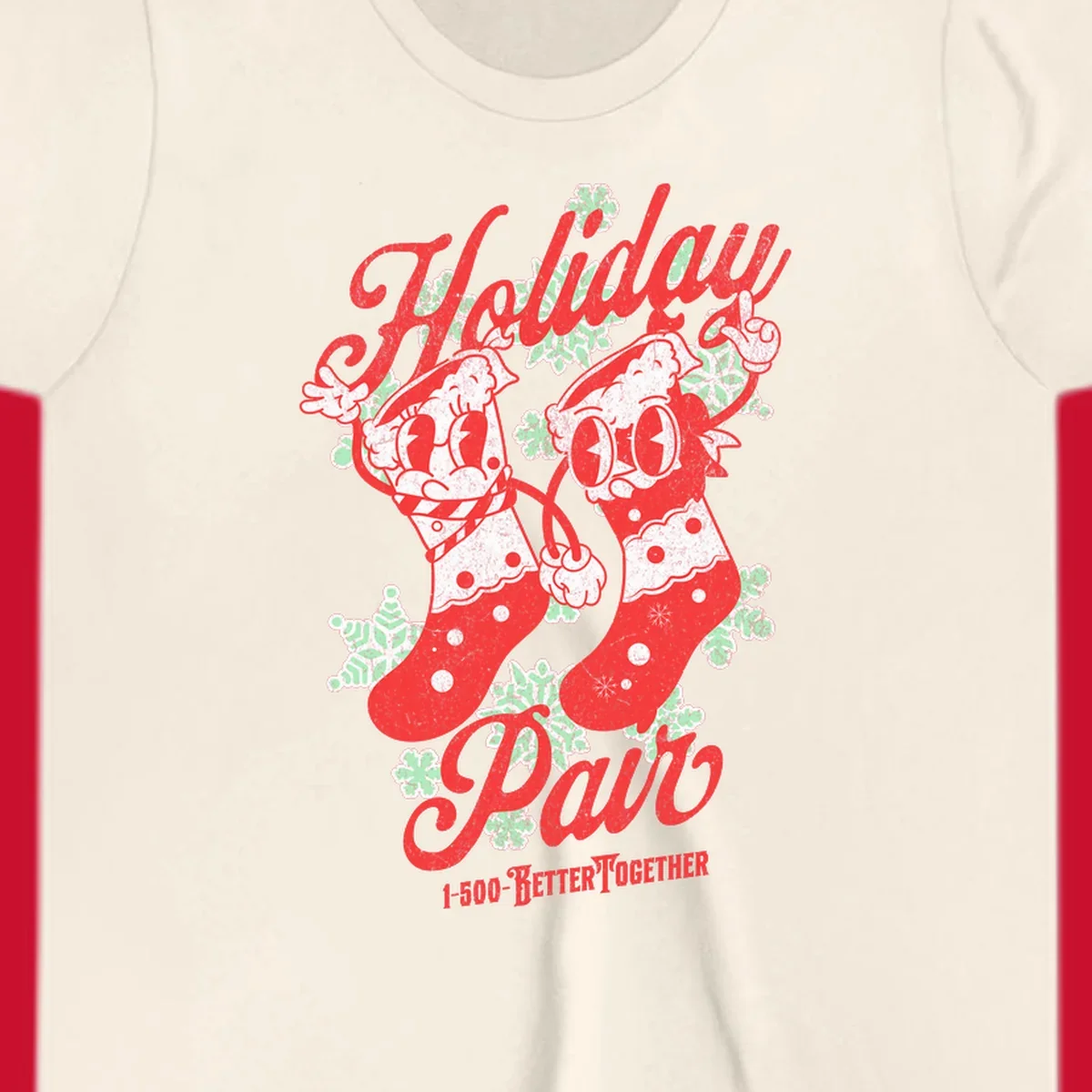 Holiday pair Christmas stockings illustration with snowflakes and text