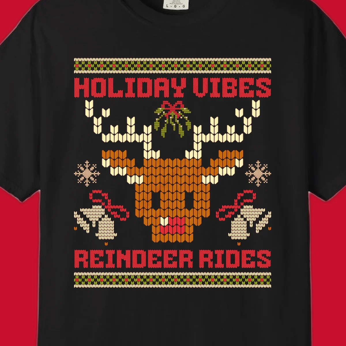 Ugly Christmas design with reindeer head, mistletoe, snowflakes, bells, and text HOLIDAY VIBES REINDEER RIDES.