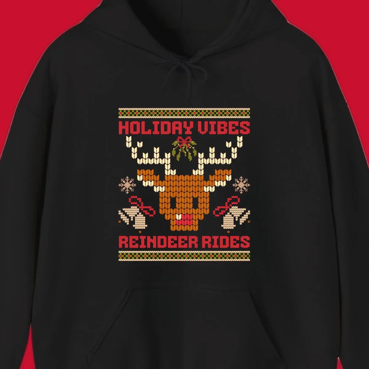 Ugly Christmas design with reindeer head, mistletoe, snowflakes, bells, and text HOLIDAY VIBES REINDEER RIDES.