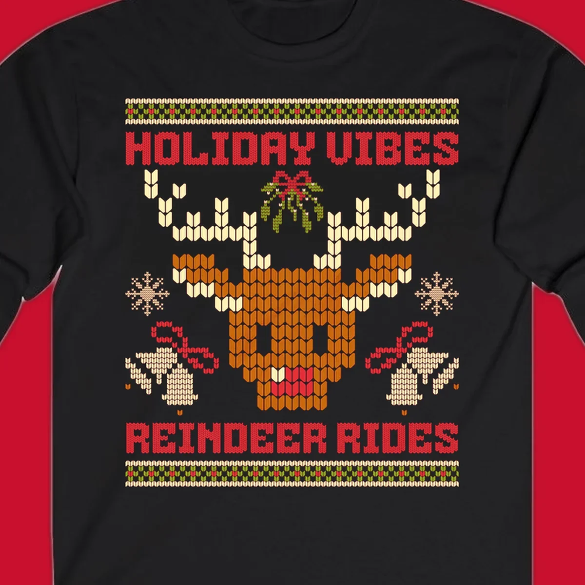 Ugly Christmas design with reindeer head, mistletoe, snowflakes, bells, and text HOLIDAY VIBES REINDEER RIDES.
