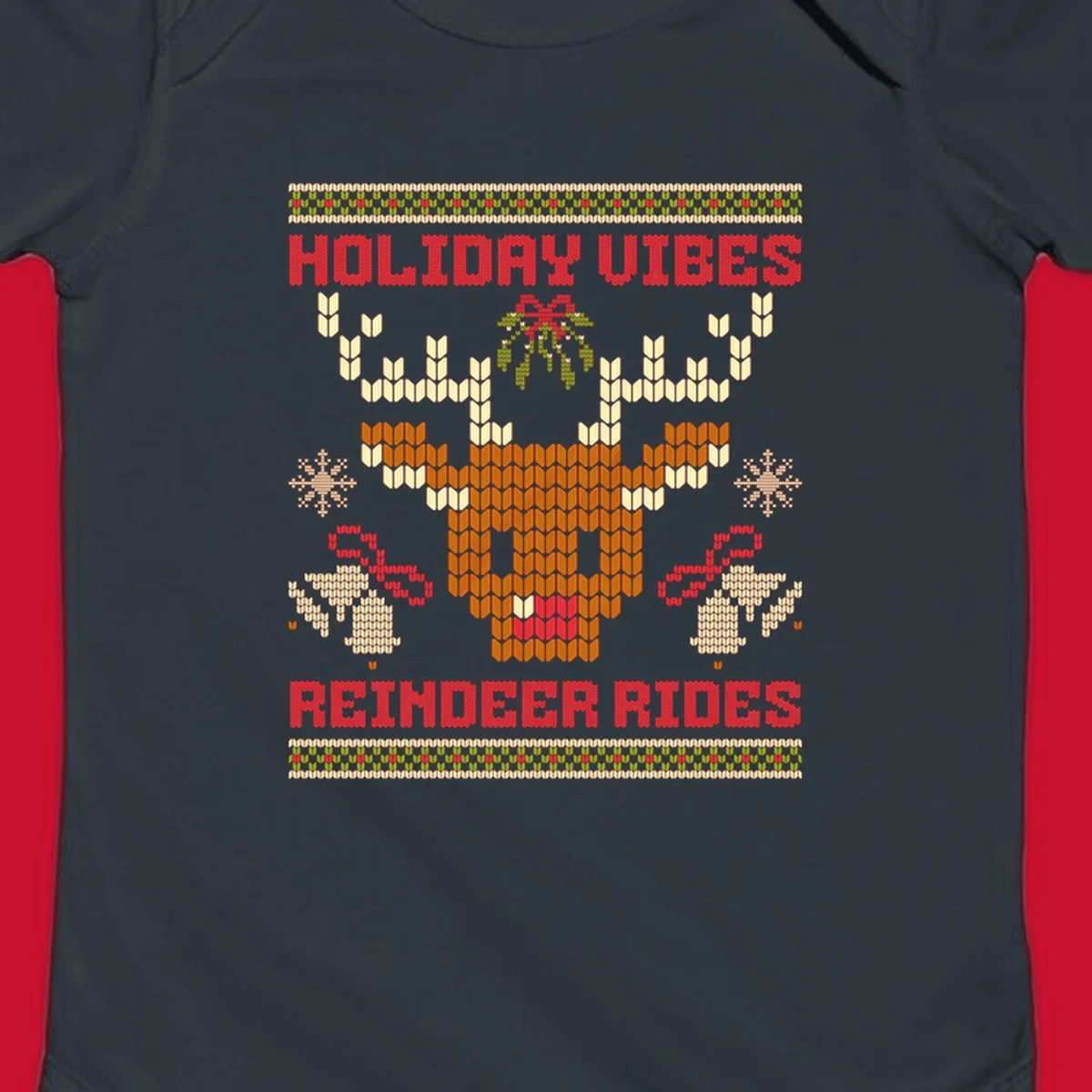 Ugly Christmas design with reindeer head, mistletoe, snowflakes, bells, and text HOLIDAY VIBES REINDEER RIDES.
