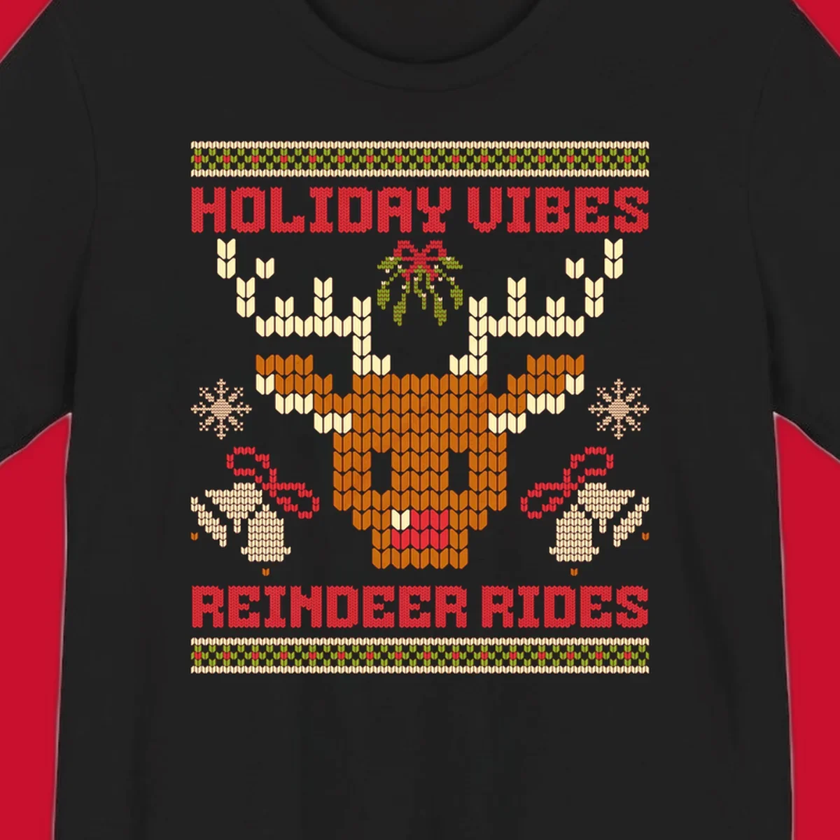 Ugly Christmas design with reindeer head, mistletoe, snowflakes, bells, and text HOLIDAY VIBES REINDEER RIDES.