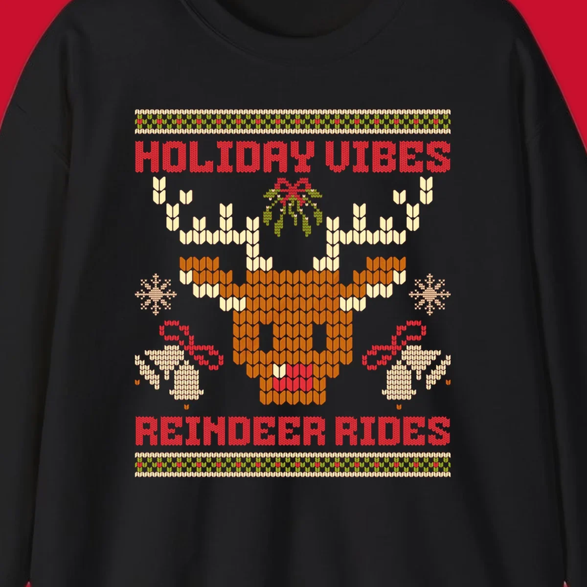Ugly Christmas design with reindeer head, mistletoe, snowflakes, bells, and text HOLIDAY VIBES REINDEER RIDES.