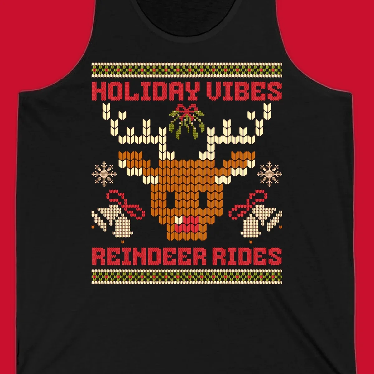 Ugly Christmas design with reindeer head, mistletoe, snowflakes, bells, and text HOLIDAY VIBES REINDEER RIDES.