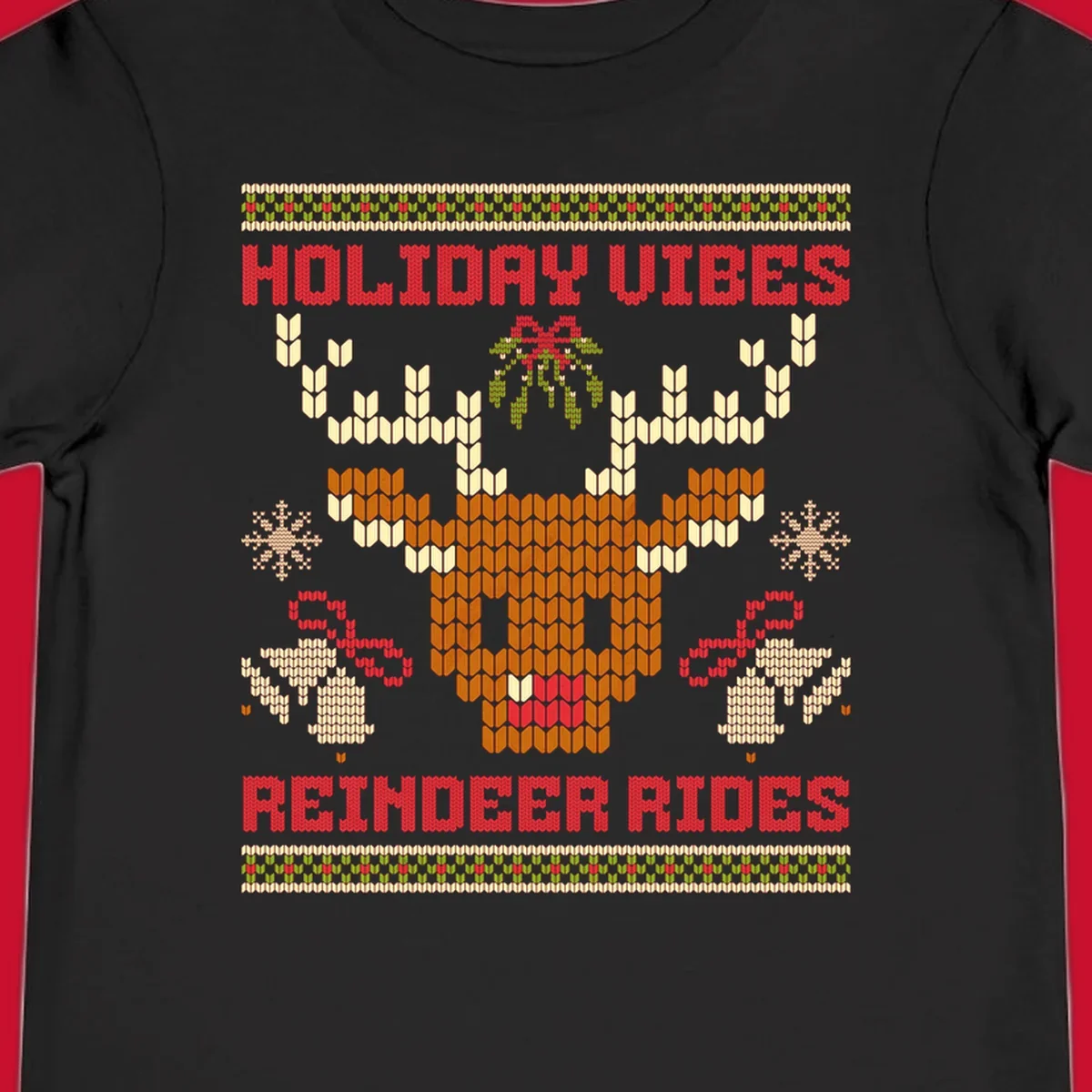 Ugly Christmas design with reindeer head, mistletoe, snowflakes, bells, and text HOLIDAY VIBES REINDEER RIDES.