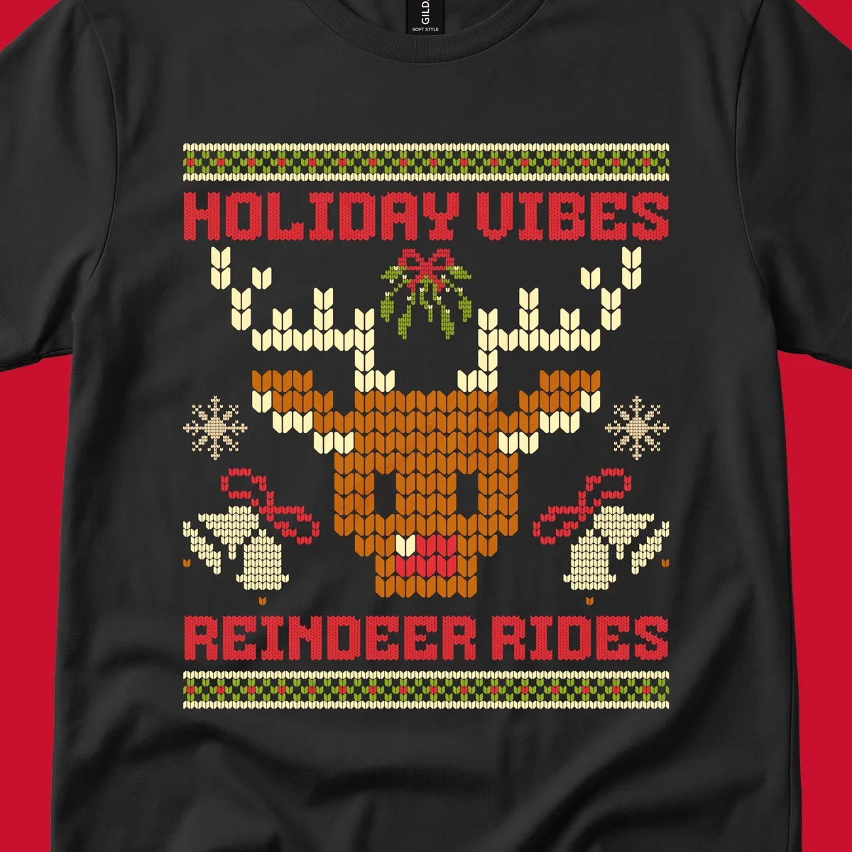 Ugly Christmas design with reindeer head, mistletoe, snowflakes, bells, and text HOLIDAY VIBES REINDEER RIDES.