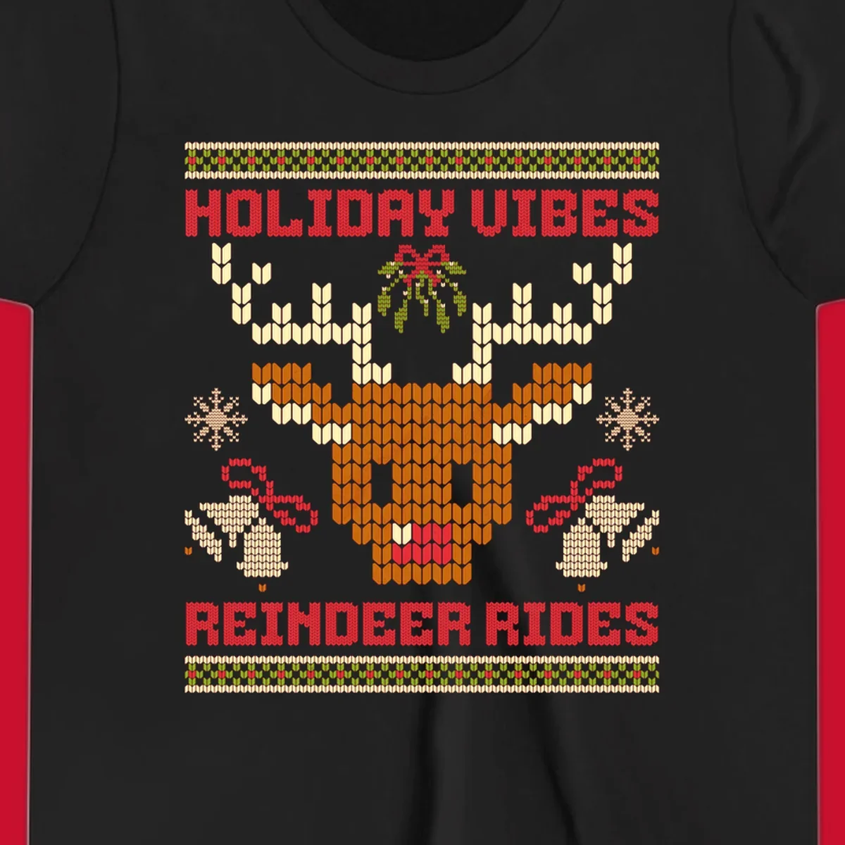 Ugly Christmas design with reindeer head, mistletoe, snowflakes, bells, and text HOLIDAY VIBES REINDEER RIDES.