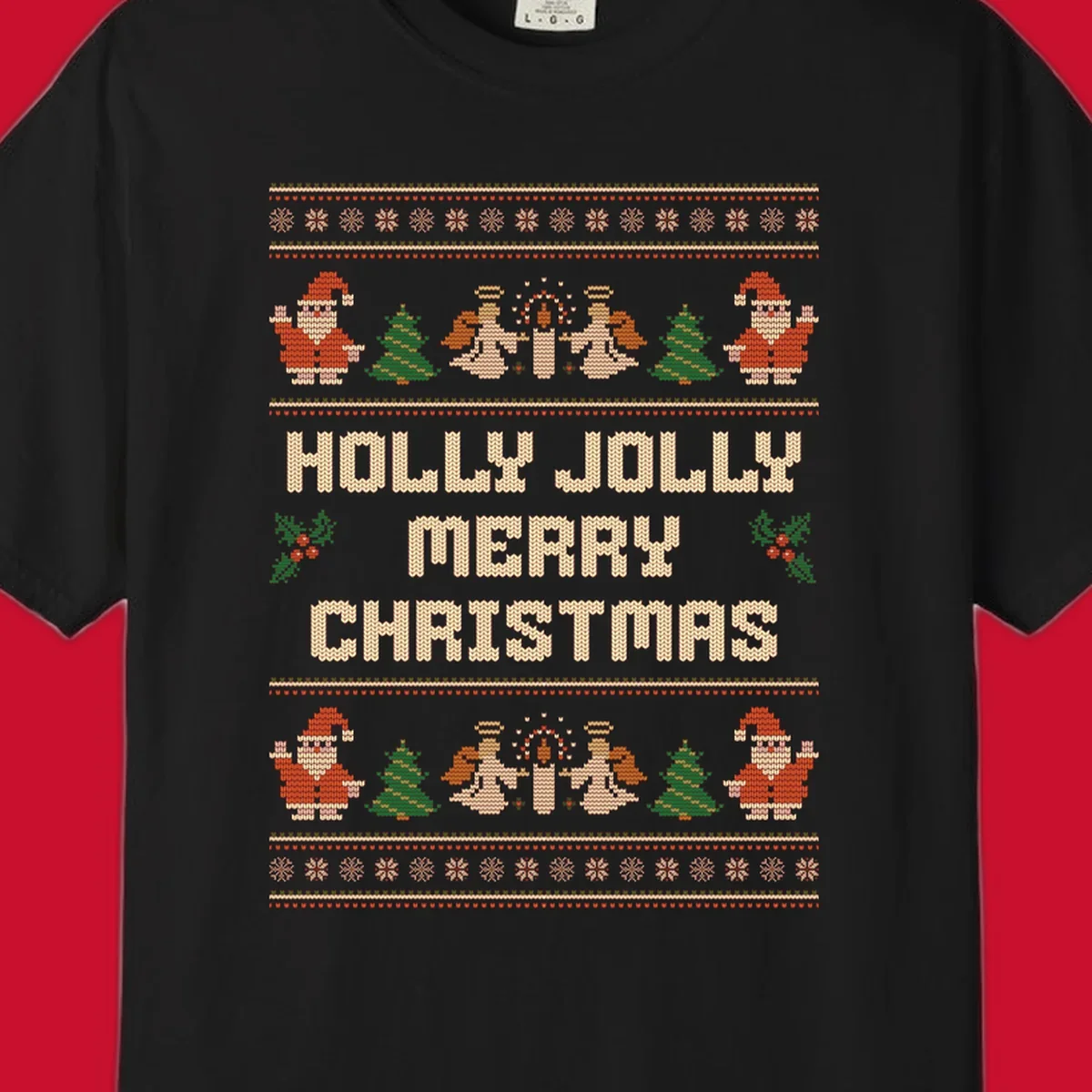 Ugly Christmas sweater design with Santa, trees, angels, and HOLLY JOLLY MERRY CHRISTMAS text.