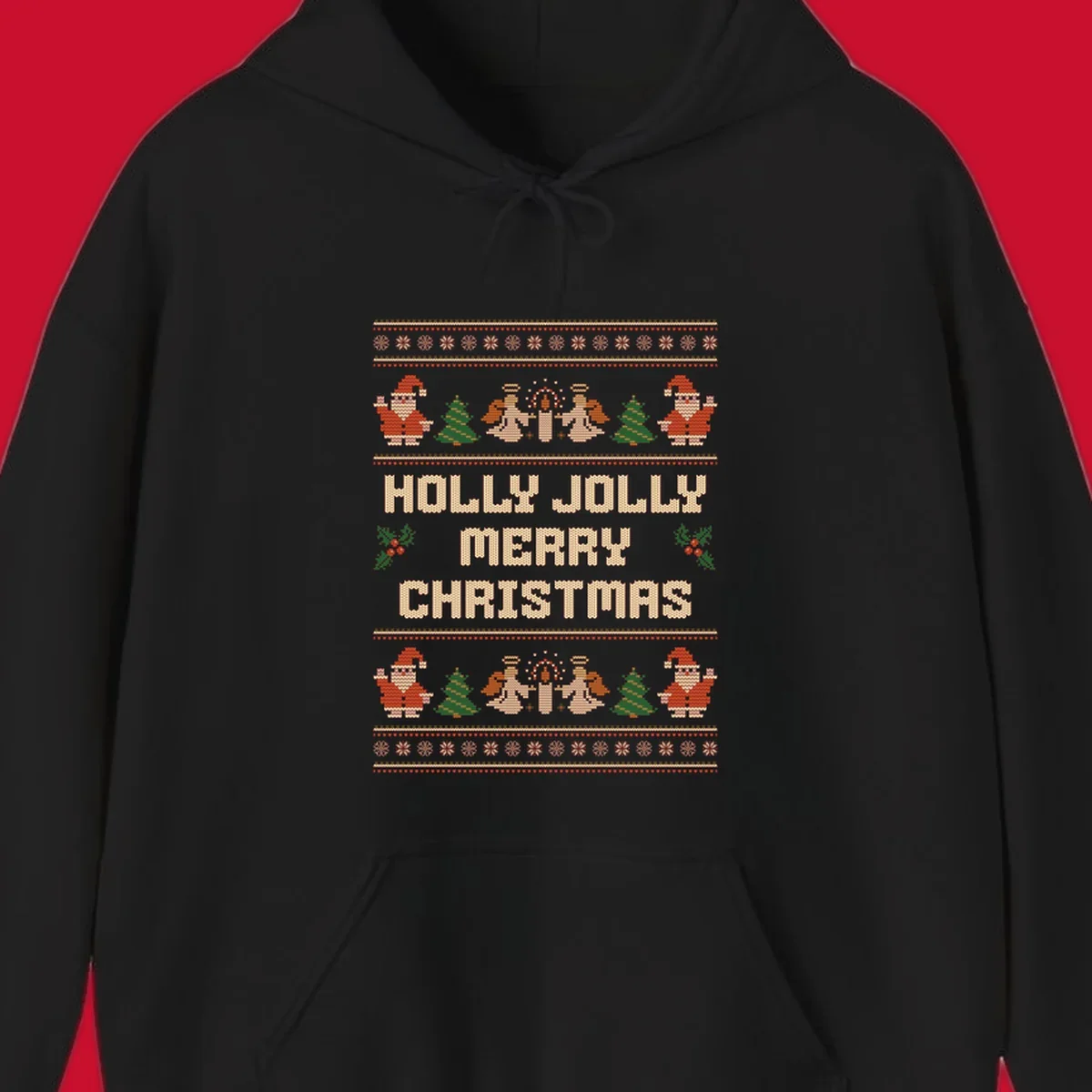 Ugly Christmas sweater design with Santa, trees, angels, and HOLLY JOLLY MERRY CHRISTMAS text.