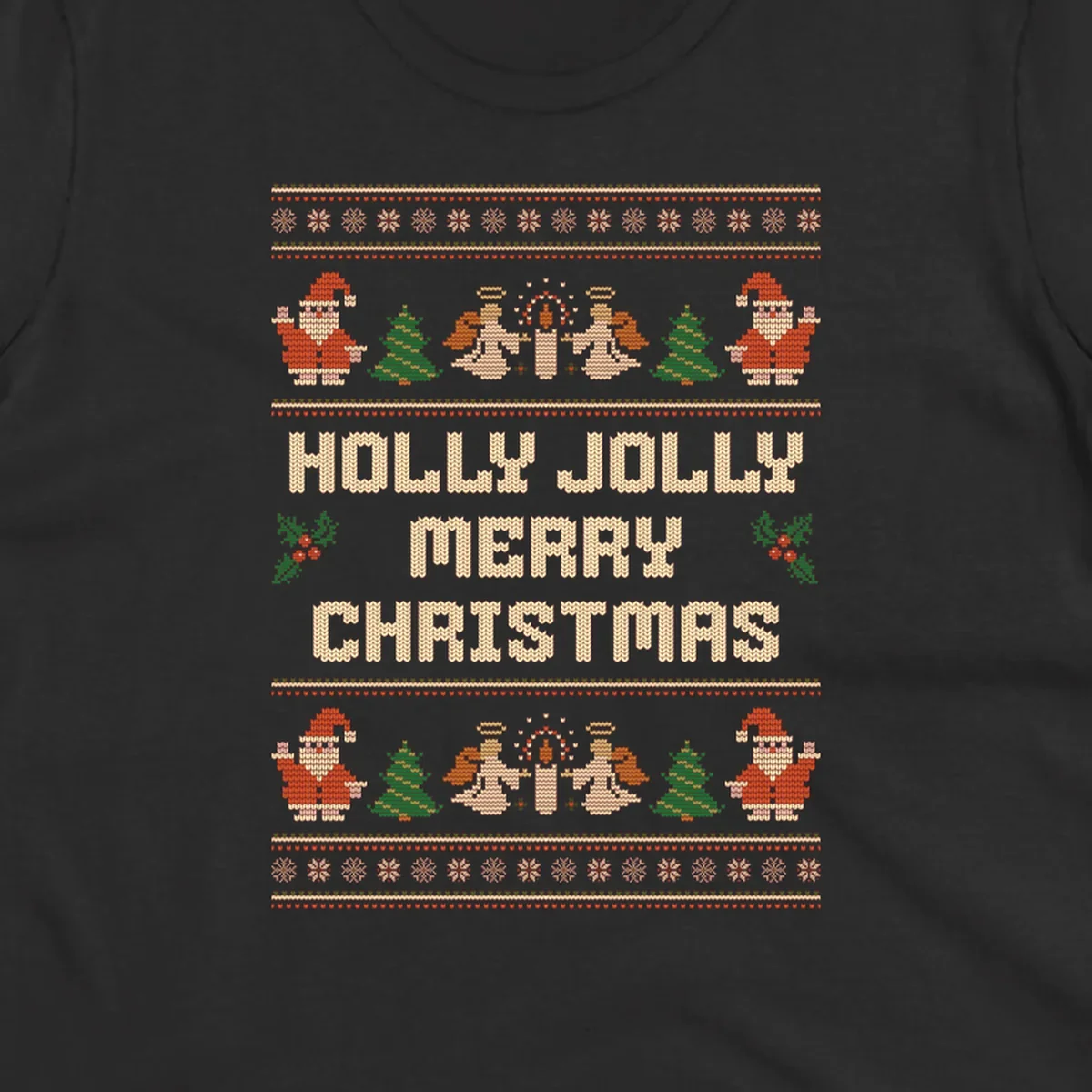 Ugly Christmas sweater design with Santa, trees, angels, and HOLLY JOLLY MERRY CHRISTMAS text.
