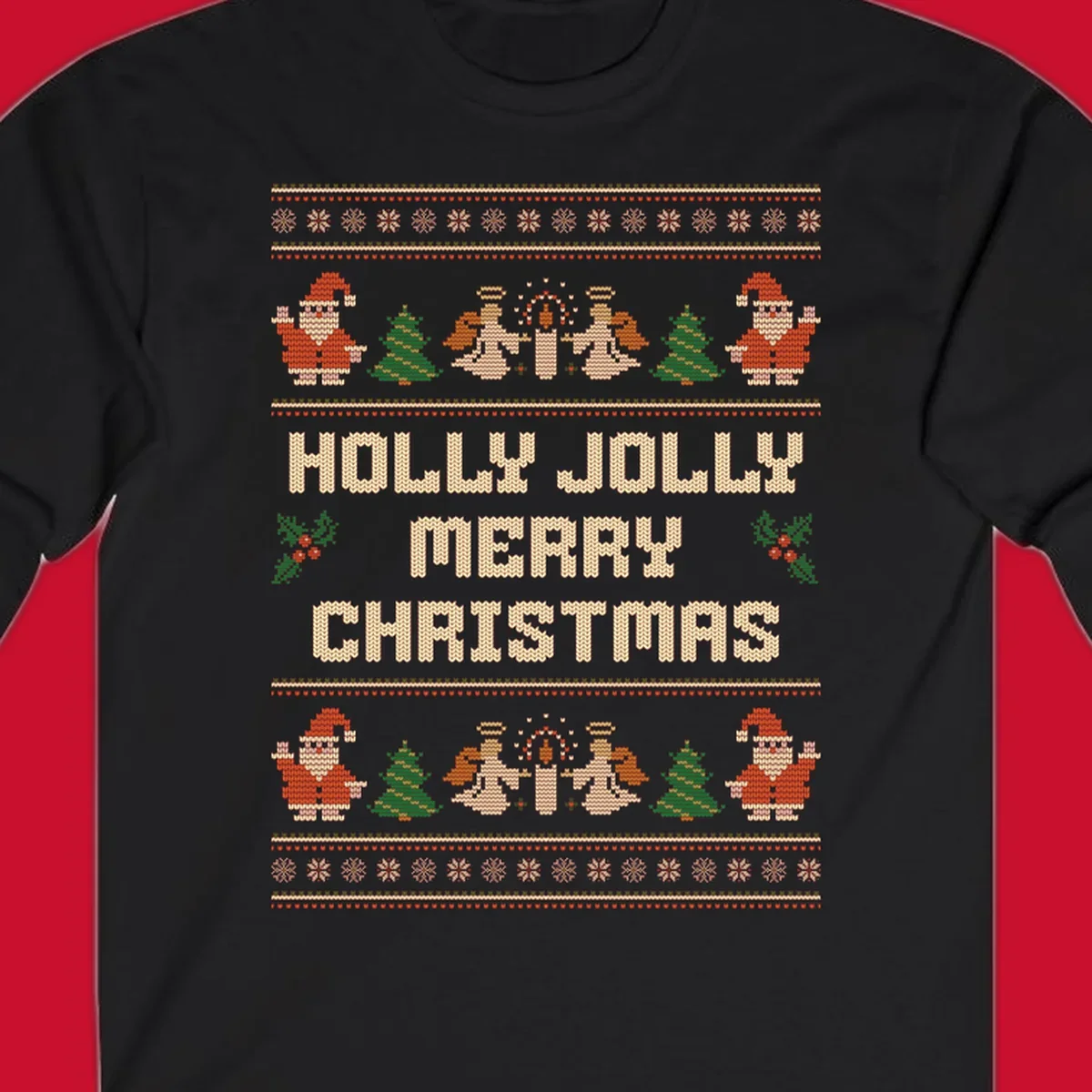 Ugly Christmas sweater design with Santa, trees, angels, and HOLLY JOLLY MERRY CHRISTMAS text.