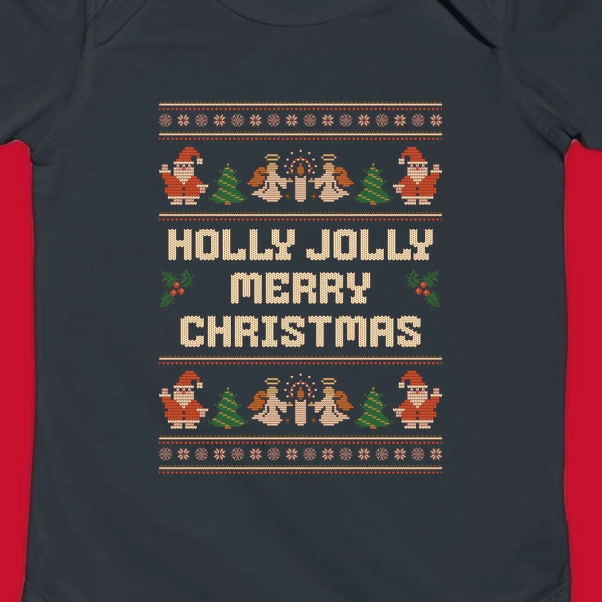 Ugly Christmas sweater design with Santa, trees, angels, and HOLLY JOLLY MERRY CHRISTMAS text.
