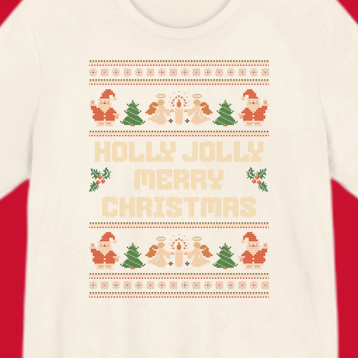 Ugly Christmas sweater design with Santa, trees, angels, and HOLLY JOLLY MERRY CHRISTMAS text.