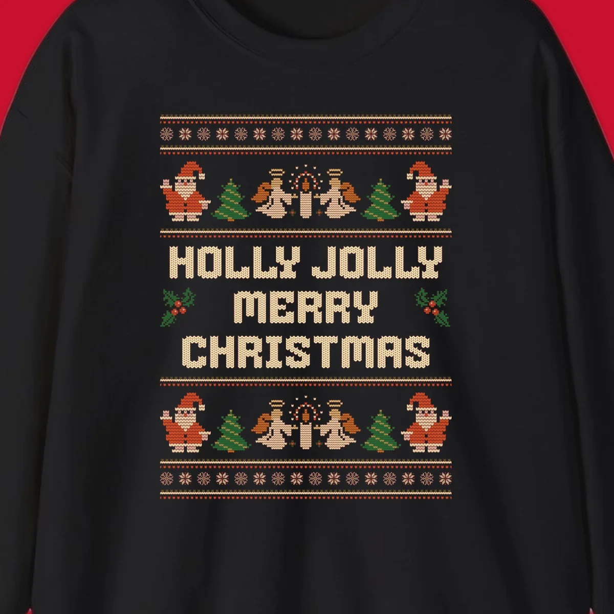 Ugly Christmas sweater design with Santa, trees, angels, and HOLLY JOLLY MERRY CHRISTMAS text.