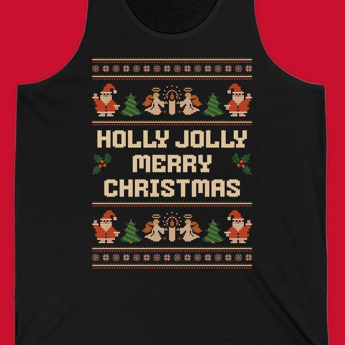 Ugly Christmas sweater design with Santa, trees, angels, and HOLLY JOLLY MERRY CHRISTMAS text.