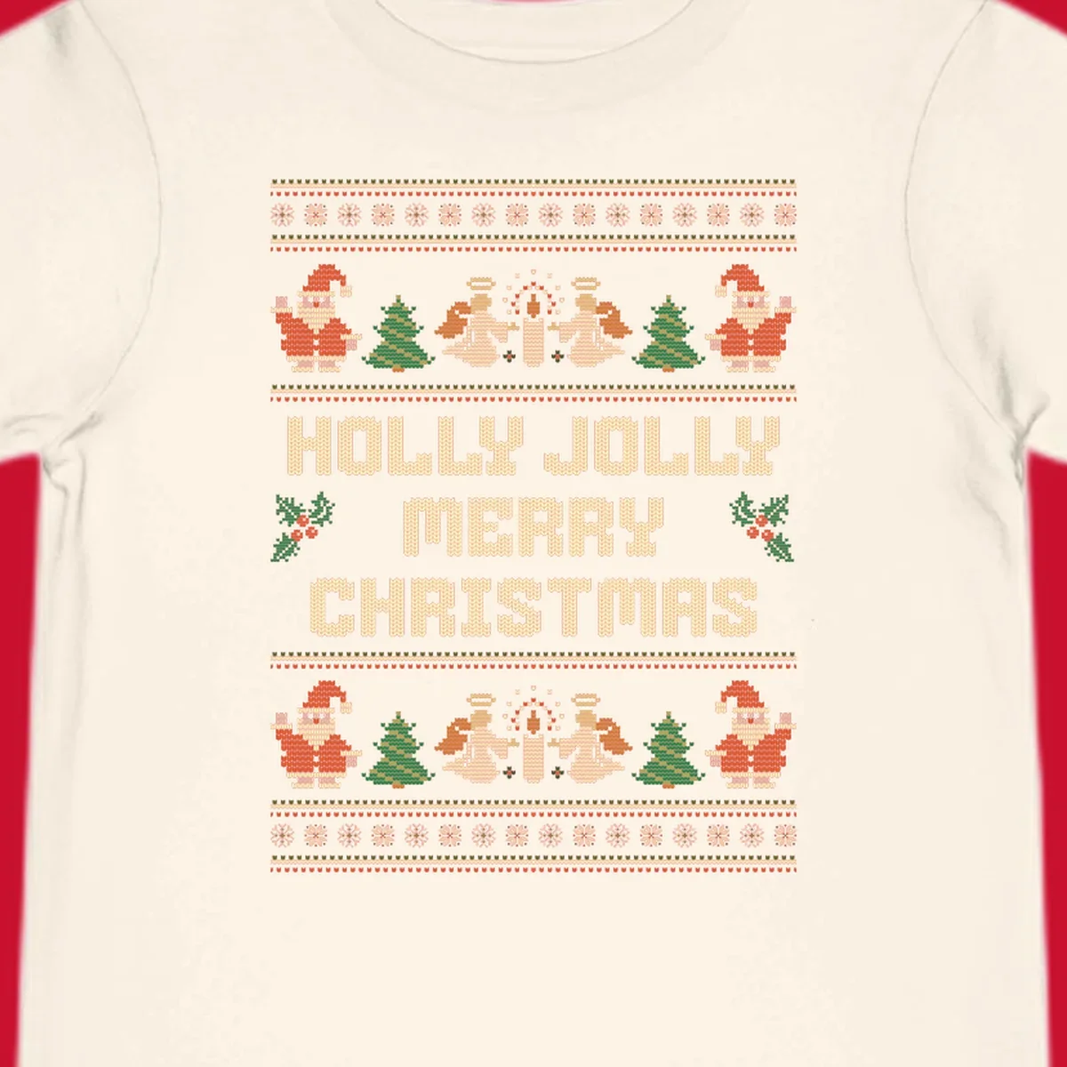 Ugly Christmas sweater design with Santa, trees, angels, and HOLLY JOLLY MERRY CHRISTMAS text.