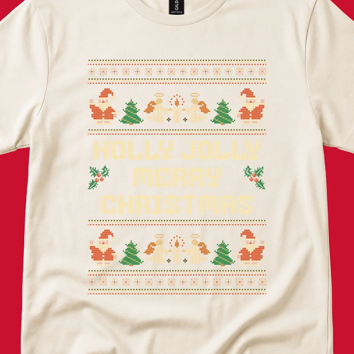 Ugly Christmas sweater design with Santa, trees, angels, and HOLLY JOLLY MERRY CHRISTMAS text.