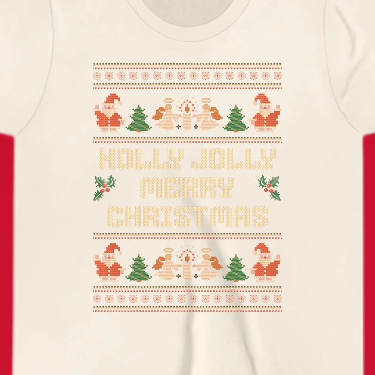 Ugly Christmas sweater design with Santa, trees, angels, and HOLLY JOLLY MERRY CHRISTMAS text.