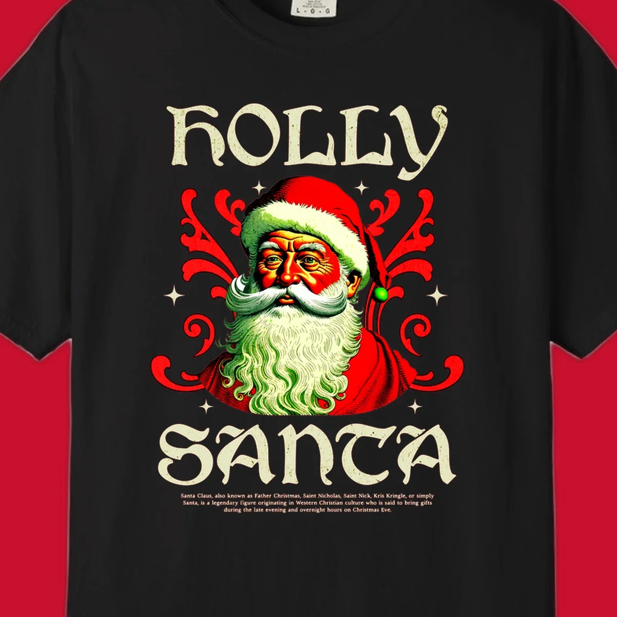 Holly Jolly Santa Claus illustration with ornate swirls and stars. Text reads HOLLY SANTA.