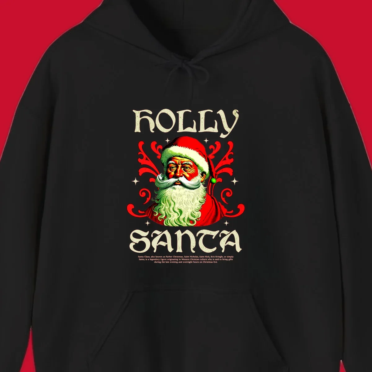 Holly Jolly Santa Claus illustration with ornate swirls and stars. Text reads HOLLY SANTA.