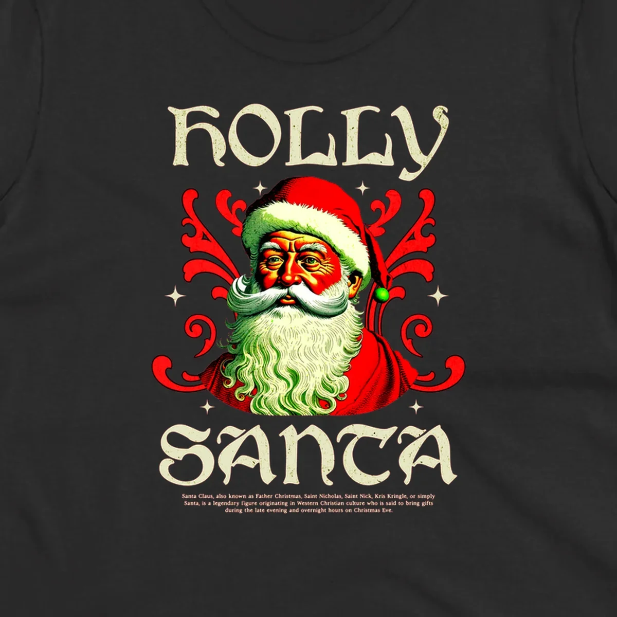 Holly Jolly Santa Claus illustration with ornate swirls and stars. Text reads HOLLY SANTA.