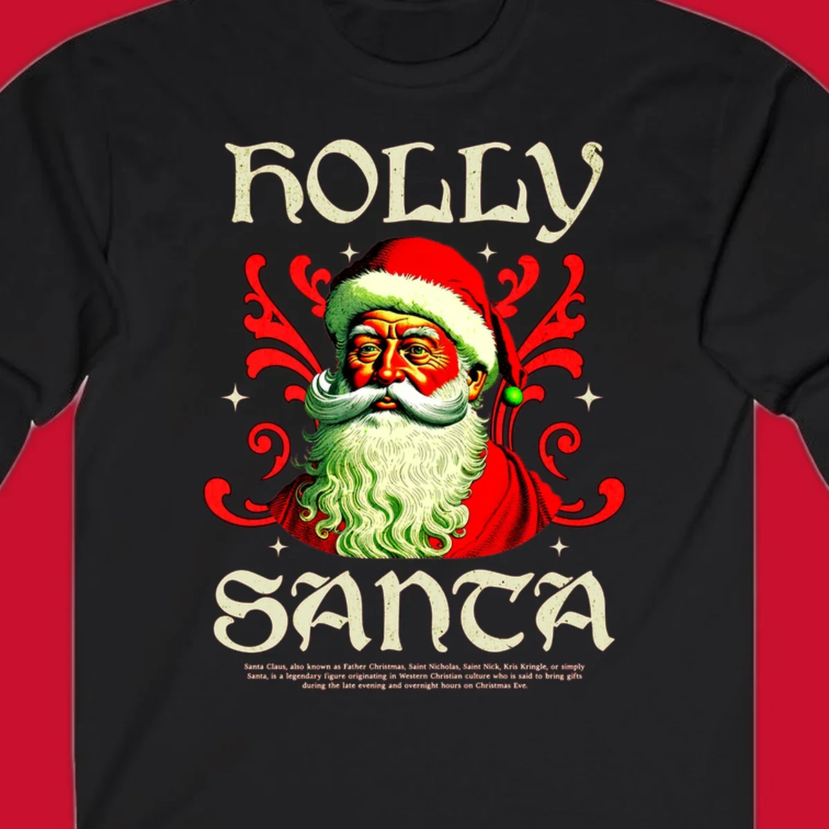 Holly Jolly Santa Claus illustration with ornate swirls and stars. Text reads HOLLY SANTA.