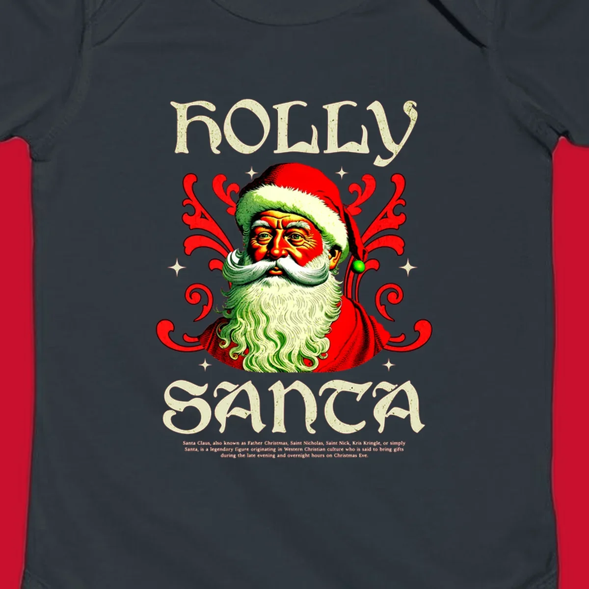 Holly Jolly Santa Claus illustration with ornate swirls and stars. Text reads HOLLY SANTA.