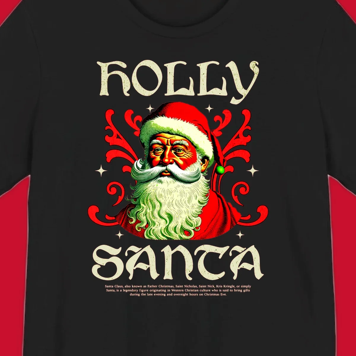 Holly Jolly Santa Claus illustration with ornate swirls and stars. Text reads HOLLY SANTA.