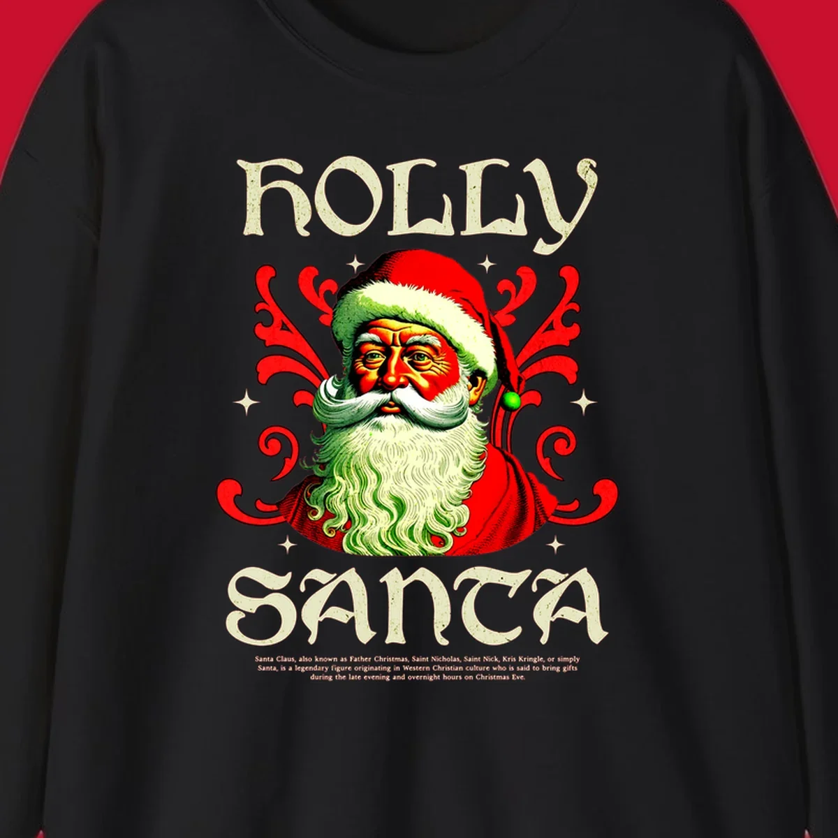 Holly Jolly Santa Claus illustration with ornate swirls and stars. Text reads HOLLY SANTA.