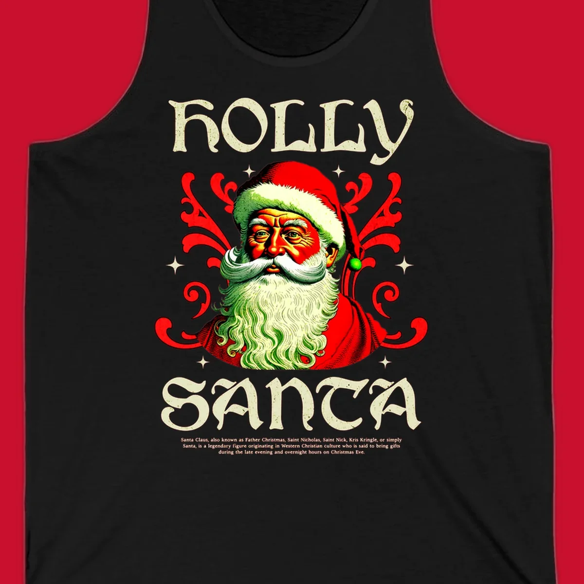 Holly Jolly Santa Claus illustration with ornate swirls and stars. Text reads HOLLY SANTA.